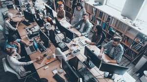 Kolleginnen und Kollegen sitzen in einem vollen Büro an ihren Schreibtischen und arbeiten.