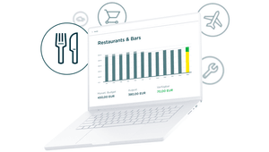 Kategorien & Zahlungspartner: Beispiel-Übersicht von Finanzausgaben für verschiedene Bereiche, wie beispielsweise "Restaurant & Bars"