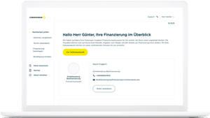 Die Nutzeroberfläche des Dashboards für die Baufinanzierung mit einem Musterkunden namens Hr. Günter und dem Start eines Finanzierungsbeispiels
