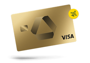 Abbildung einer GoldKreditkarte der Commerzbank von Visa mit einem runden, gelben Icon auf dem ein Flugzeug abgebildet ist.