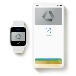 Auf einem weißen Smartphone ist die Apple Wallet mit der ClassicKreditkarte der Commerzbank zu sehen. Daneben ist eine Smartwatch abgebildet, auf deren Display ebenfalls die ClassicKreditkarte geöffnet ist.