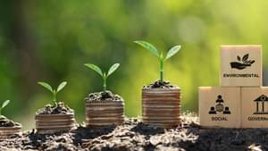 Several young plants grow side by side. Next to them are three cubes with the inscriptions "Environmental, Social, Governance". 