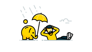 Notfallreserve, Illustration eines Mannes, der entspannt die Beine hochlegt, während ein Elefant ihm schützend einen Regenschirm über den Körper hält.