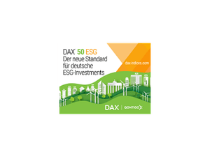 Schriftzug: DAX 50 ESG, der neue Standard für deutsche ESG Investments. daxindices.com. Darunter ein grüner Streifen mit weißen Silhouetten von Windrädern und Gebäuden