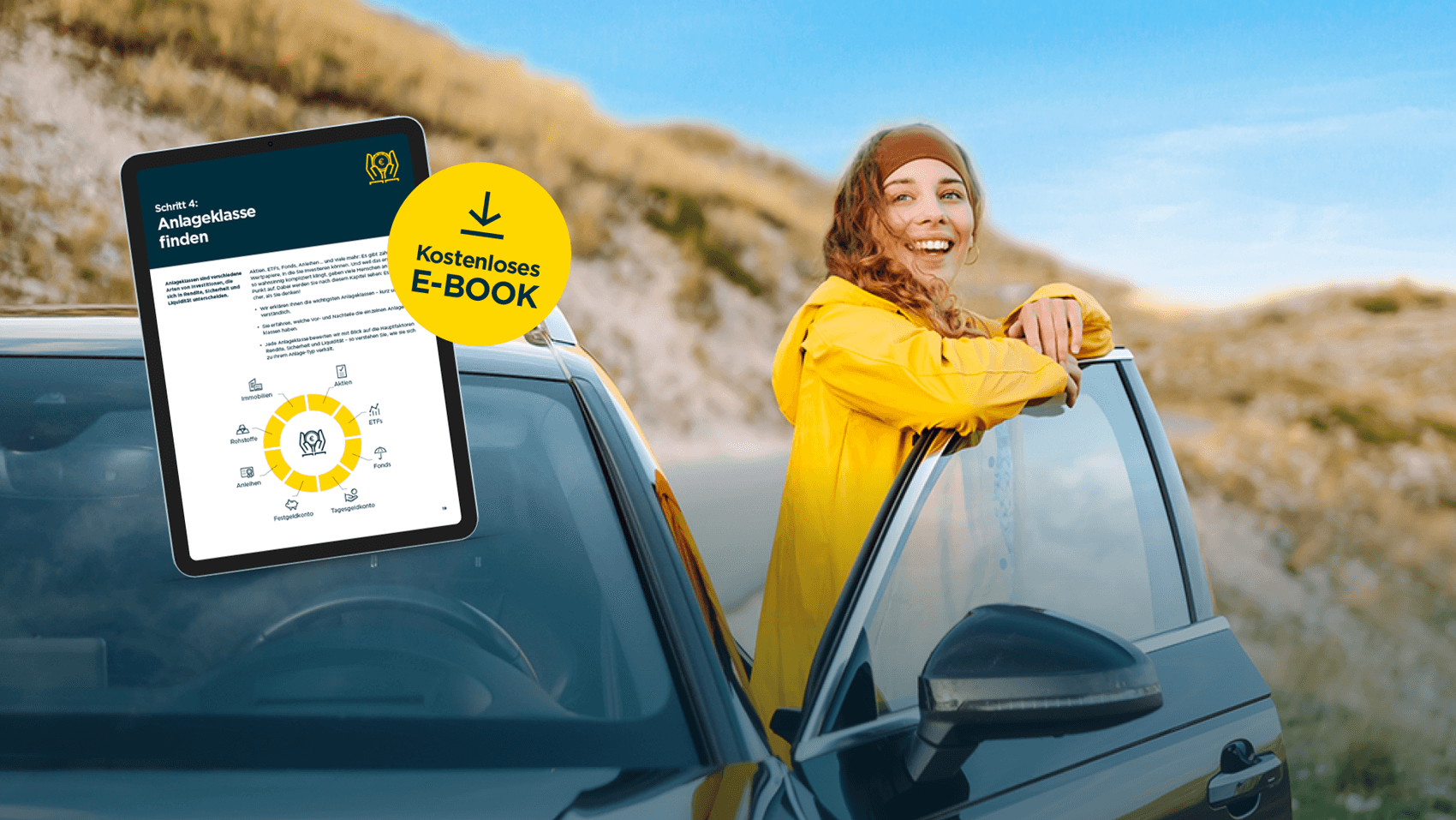 Kostenloses E-Book: Eine Frau lehnt an der Fahrertür ihres Autos