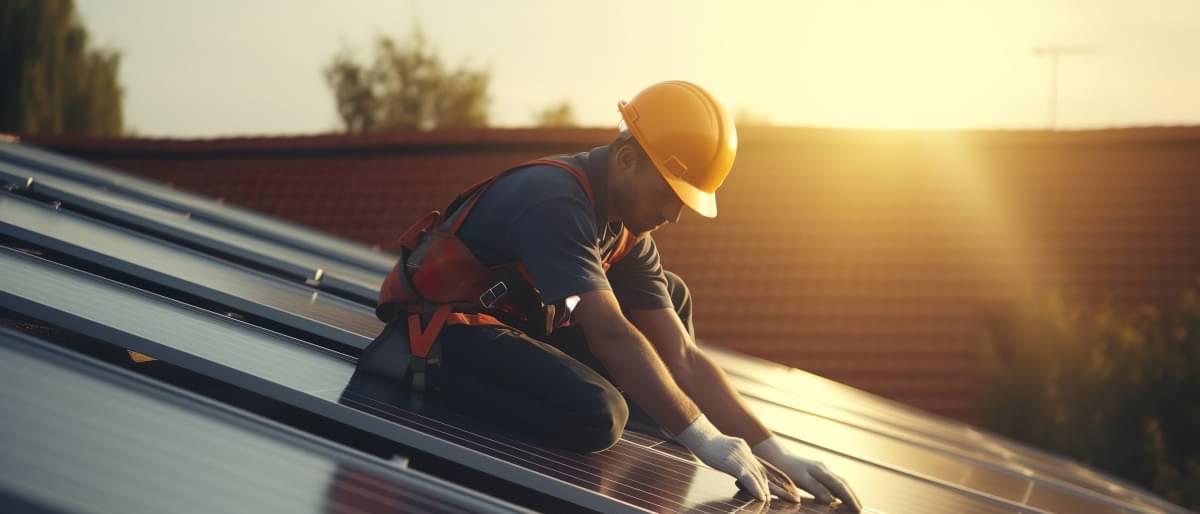 Ein Installateur sitzt auf einem Hausdach und bringt Photovoltaik-Platten an